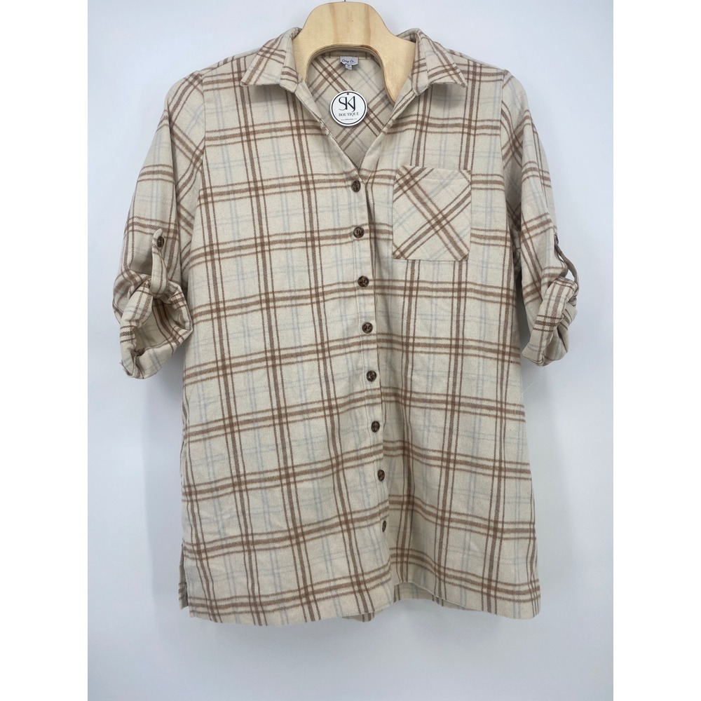 Cozy Co Shacket Dress 3X Tan Brown Plaid Flannel Roll Tab Sleeve NWT